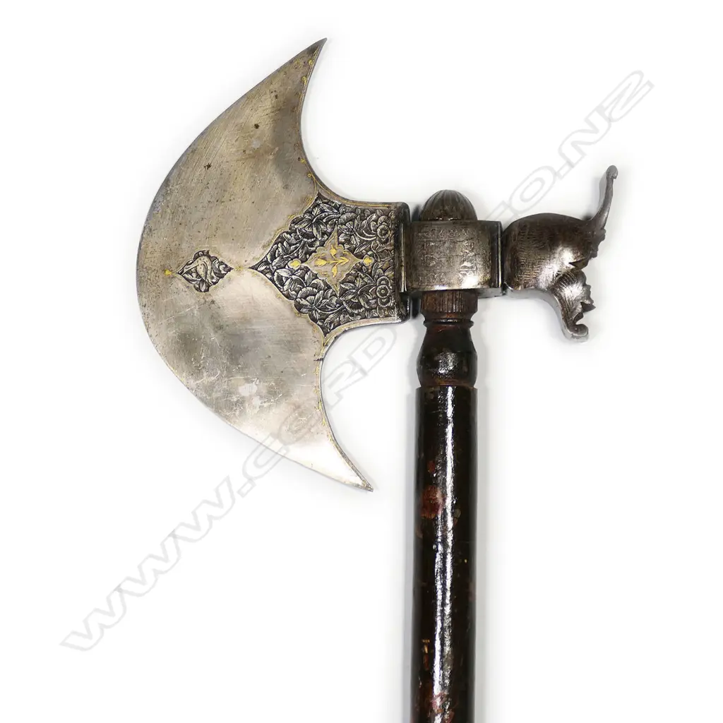 A Persian axe, c.1830, 590mm wooden handle painted with flowers; Image 1++