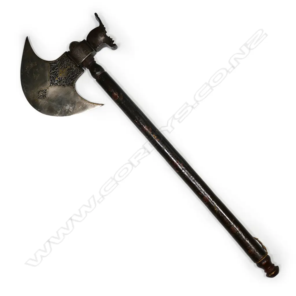 A Persian axe, c.1830, 590mm wooden handle painted with flowers; Image 1++