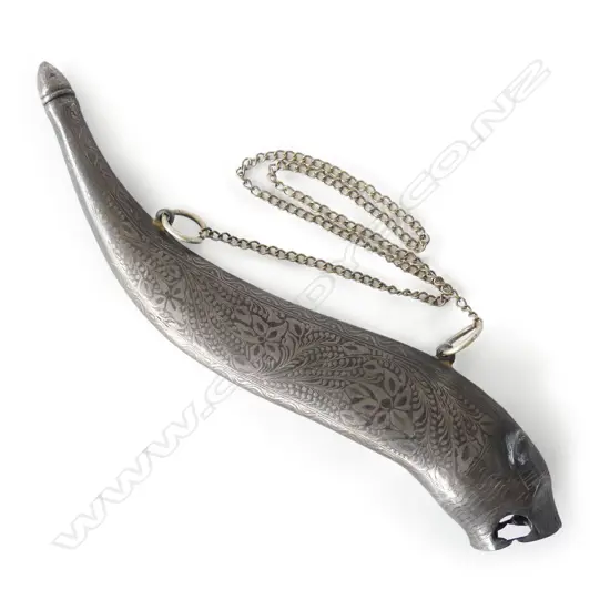An Indian Moghul style silver metal serpentine powder flask with leopard head,