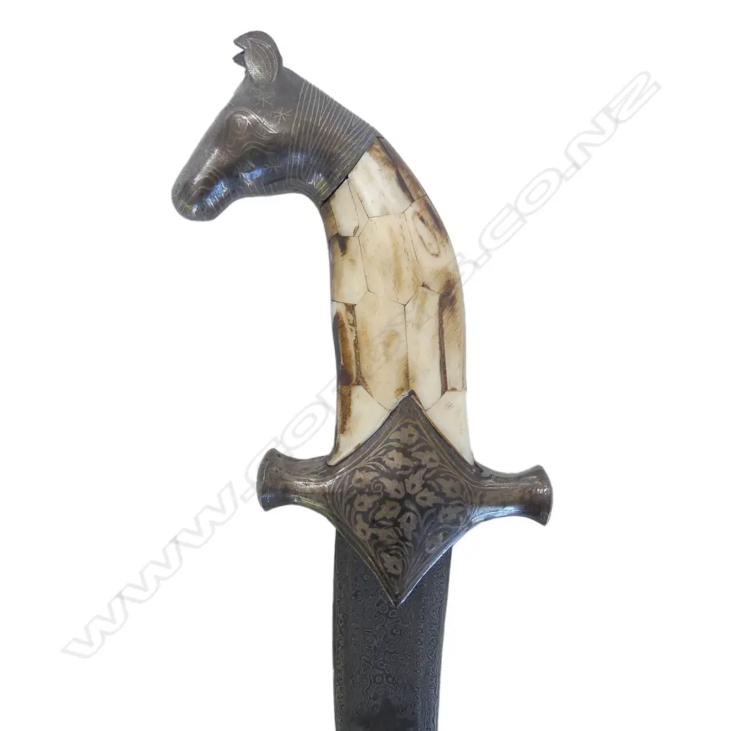 A Persian style dagger with damascene scabbard, guard and horse head pommel, Image 1++
