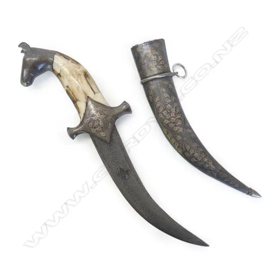 A Persian style dagger with damascene scabbard, guard and horse head pommel,