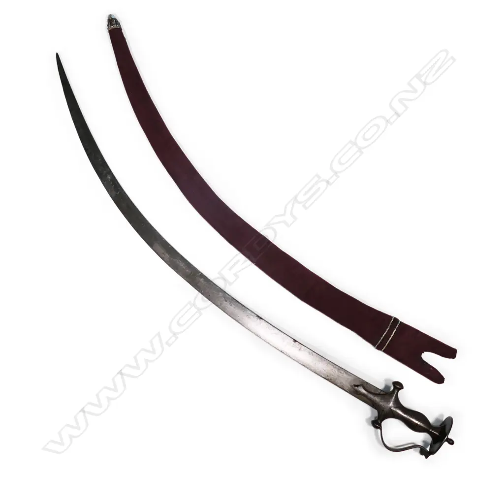 A 19thC Indian shamshir with heavily curved blade and floral etched hilt, Image 1++
