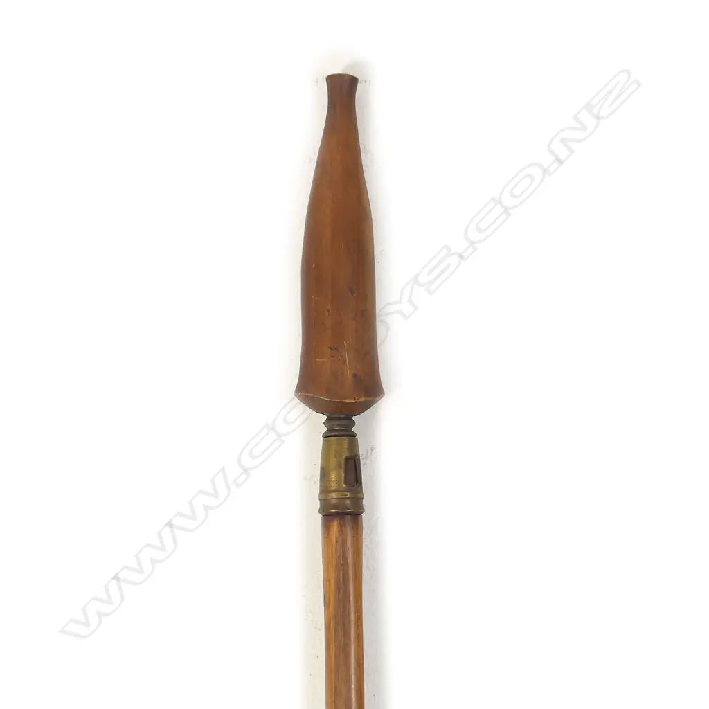 A steel spear head, of unknown origin, with brass socket fitting to a hardwood shaft; Image 1++