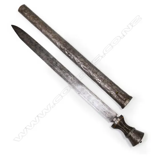 An 18/19thC Tibetan sword with ornately pierced steel scabbard and hilt,