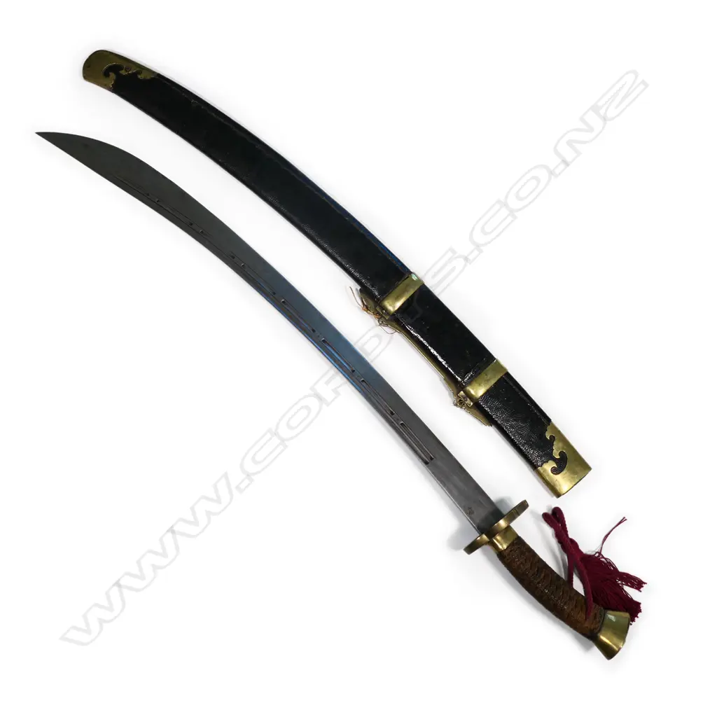 A Chinese sabre, double fullered blade, brass mounted hilt with plaited cord bound grip and quatrefoil lobed brass guard, Image 1++