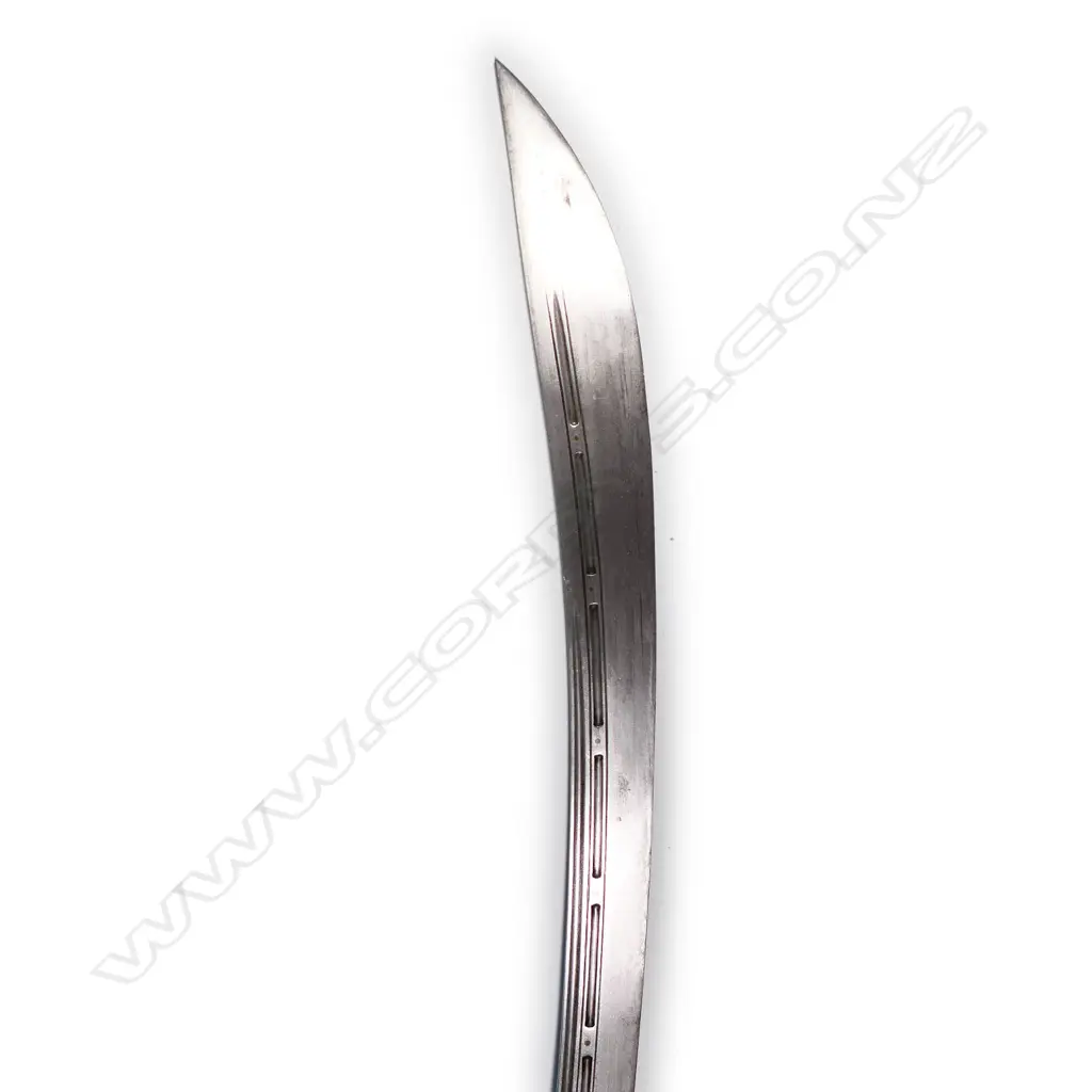 A Chinese sabre, double fullered blade, brass mounted hilt with plaited cord bound grip and quatrefoil lobed brass guard, Image 1++