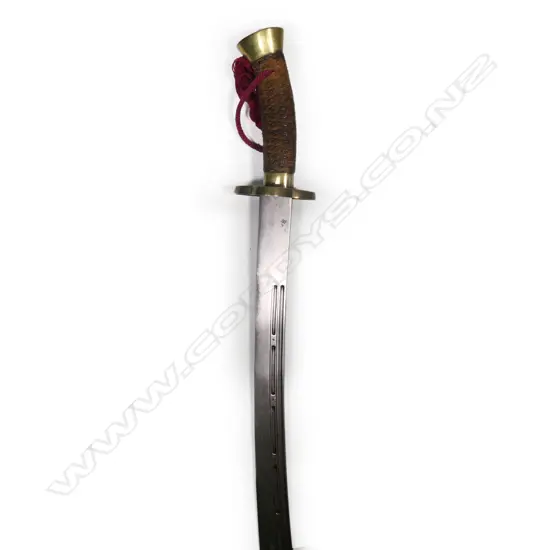 A Chinese sabre, double fullered blade, brass mounted hilt with plaited cord bound grip and quatrefoil lobed brass guard,