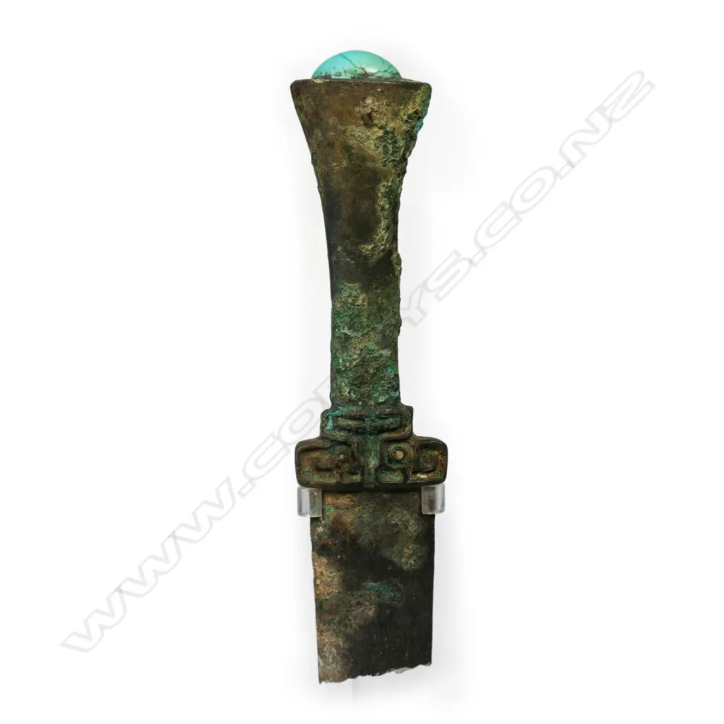 A Chinese Shang dynasty style bronzed dagger, with stand, Image 1++