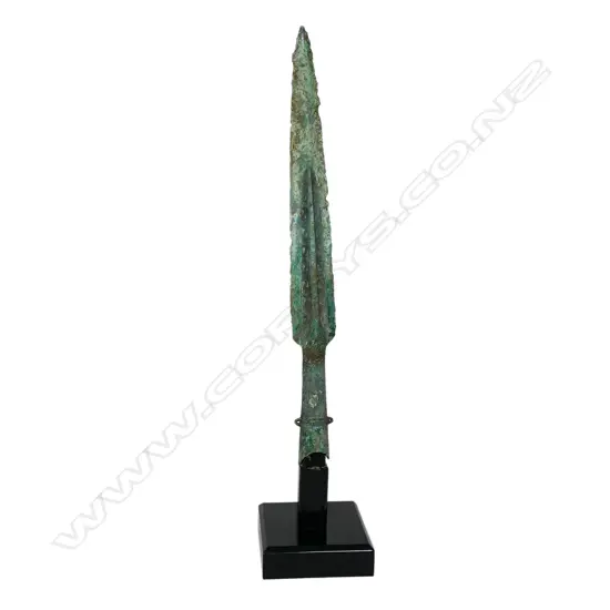 A Chinese Warring States style bronze spear head, with stand,