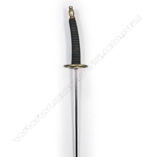 A fencing foil with nickel guard and pommel.