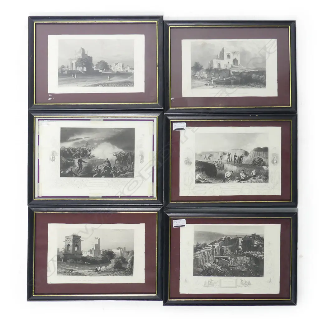 Six similarly framed 19thC engravings two 'Before Sebastopol' one of canons + 3 of historic buildings. Image 1++