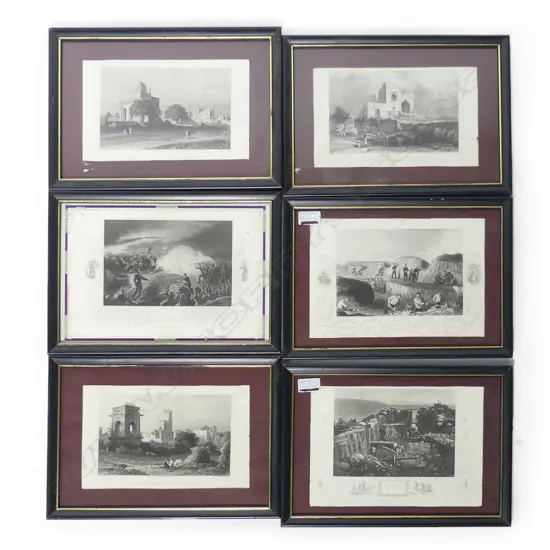 Six similarly framed 19thC engravings two 'Before Sebastopol' one of canons + 3 of historic buildings.