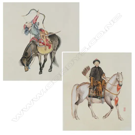 Two vintage fine watercolours of Mongol archers on horseback,