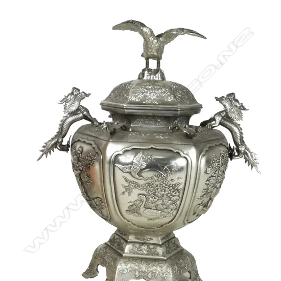 An Oriental silvered metal koro and cover