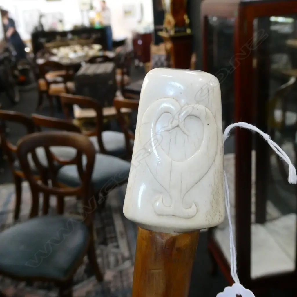 A carved antler handled wooden walking stick Image 1++