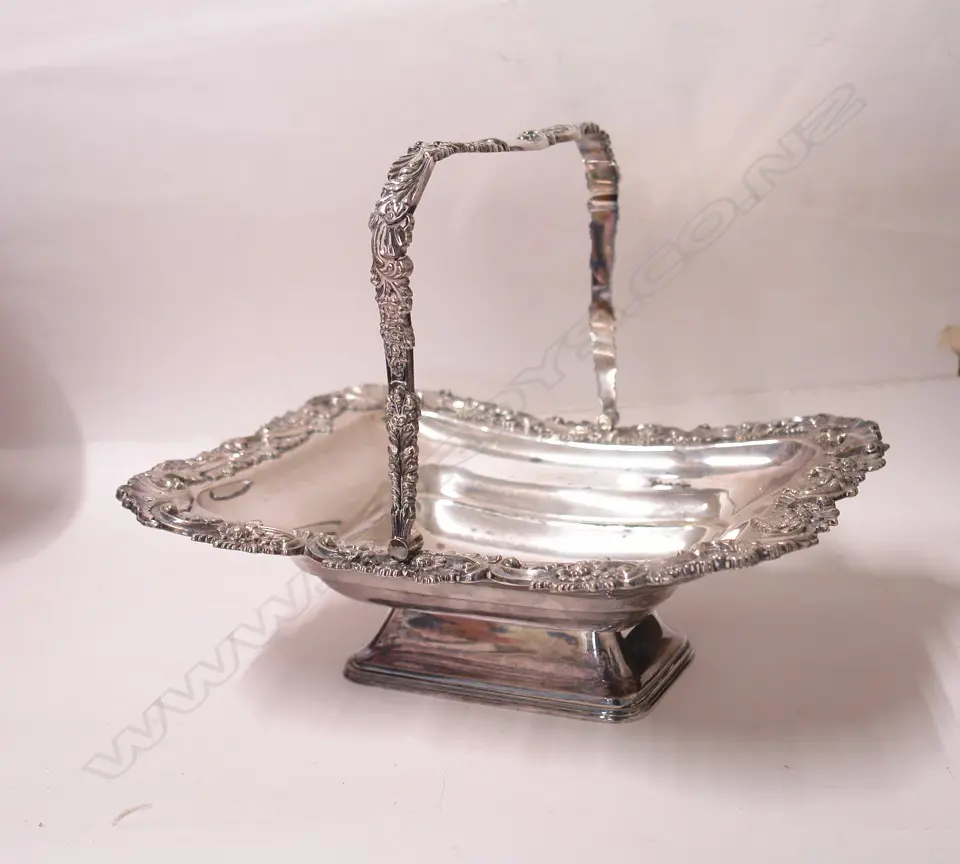 A 19thC Walker and Hall silver-plate rectangular swing handle basket Image 1++