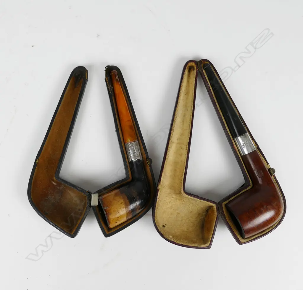 2 ANTIQUE CASED PIPES, AMBER? & SILVER FITTINGS Image 1++