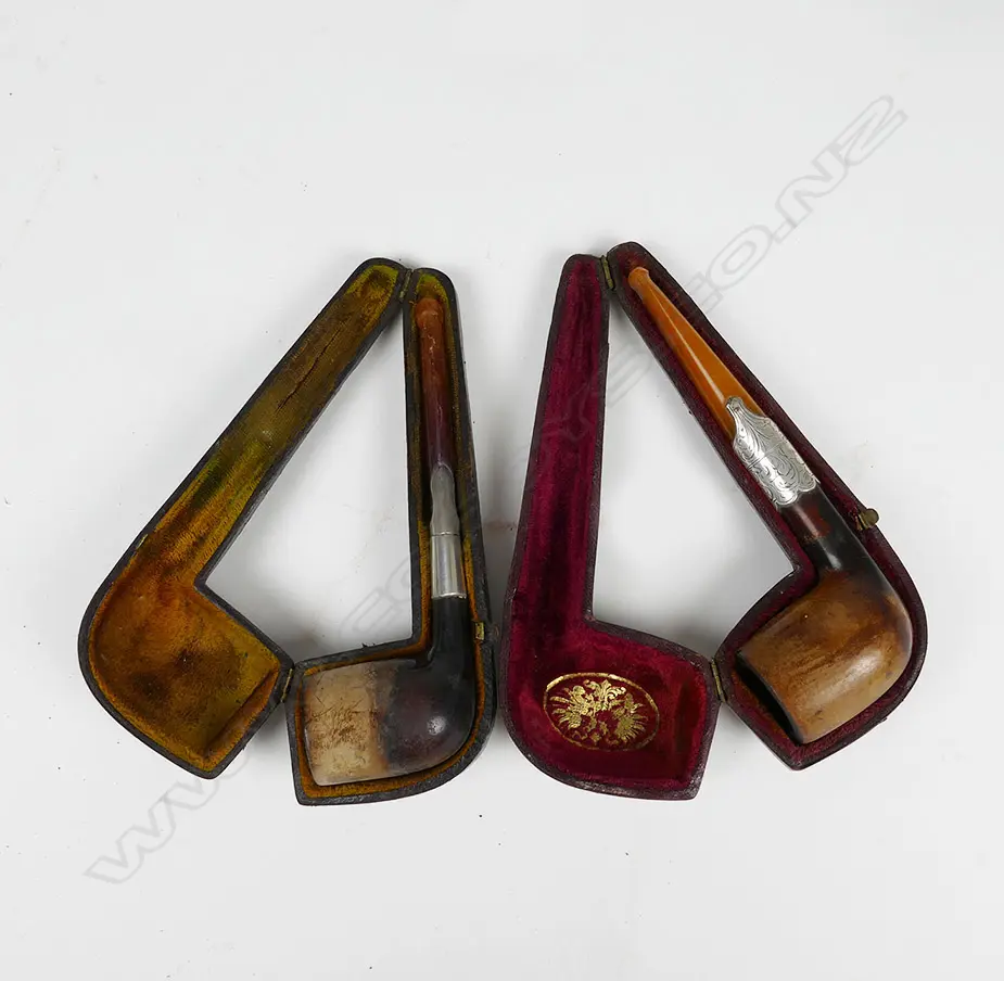 2 ANTIQUE CASED PIPES, AMBER? & SILVER FITTINGS Image 1++