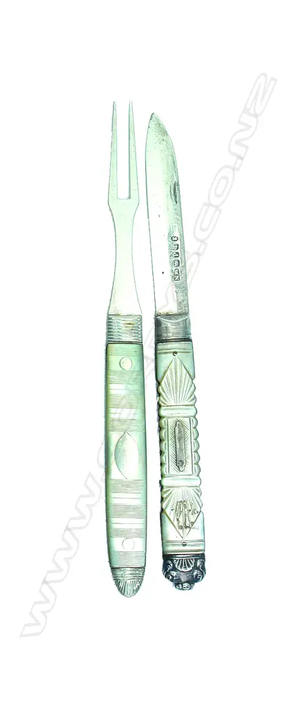 A Georgian (knife) and c.1810 (fork) silver folding fruit knife and fork Image 1++