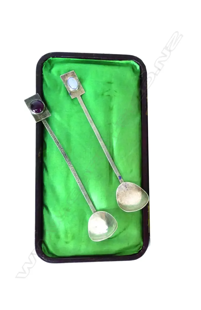 A pair of Arts & Crafts silver and gem set sauce ladles Image 1++