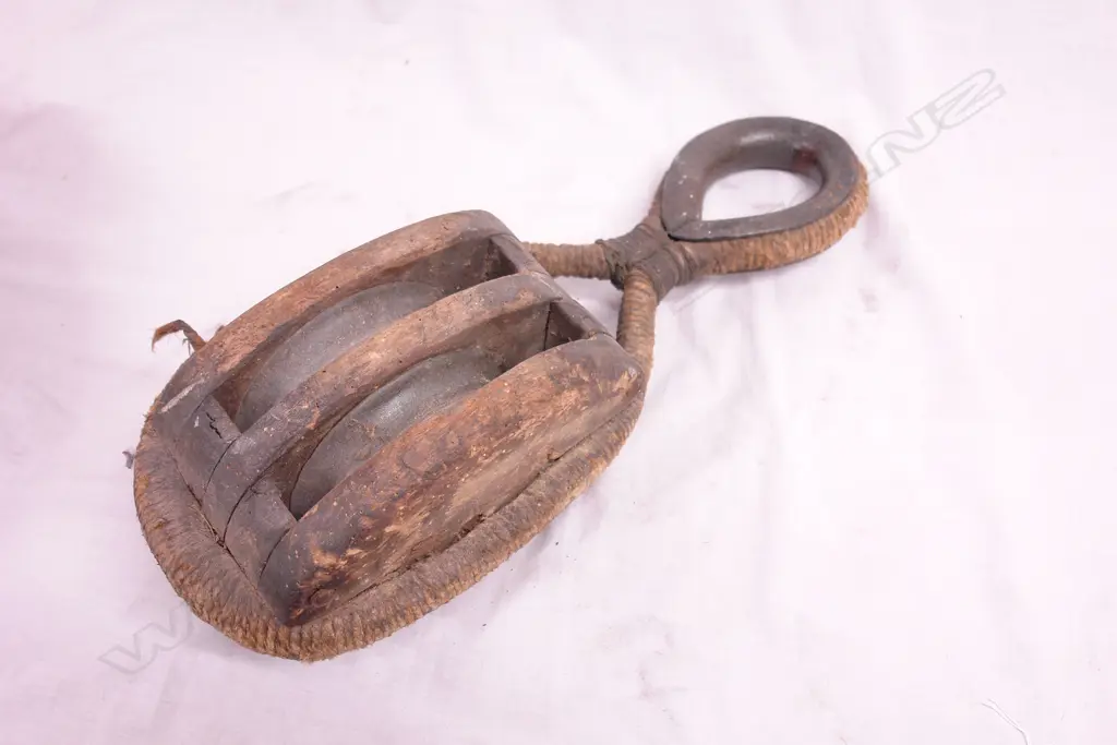 A vintage ship's wood framed double pulley Image 1++