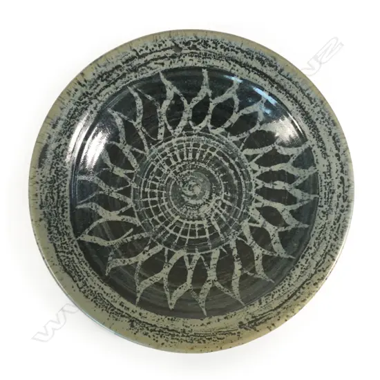 Mirek Smisek (1925-2013) stoneware large wall charger with wax resist sunflower design