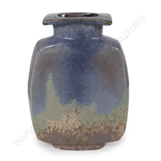 Doreen Blumhardt (1914-2009) stoneware slab vase with red and blue poured glaze,