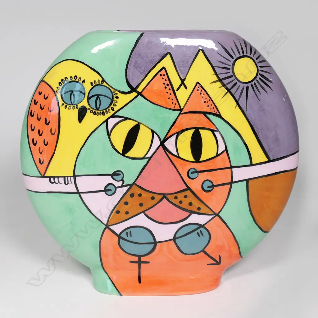 Diane Poor flat ovoid vase with colourful post modern designs, Image 1++