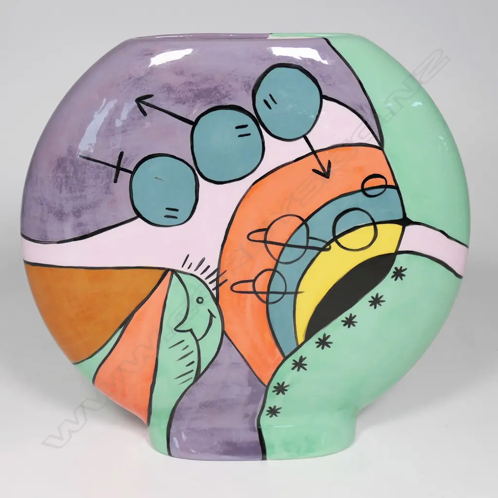 Diane Poor flat ovoid vase with colourful post modern designs, Image 1++