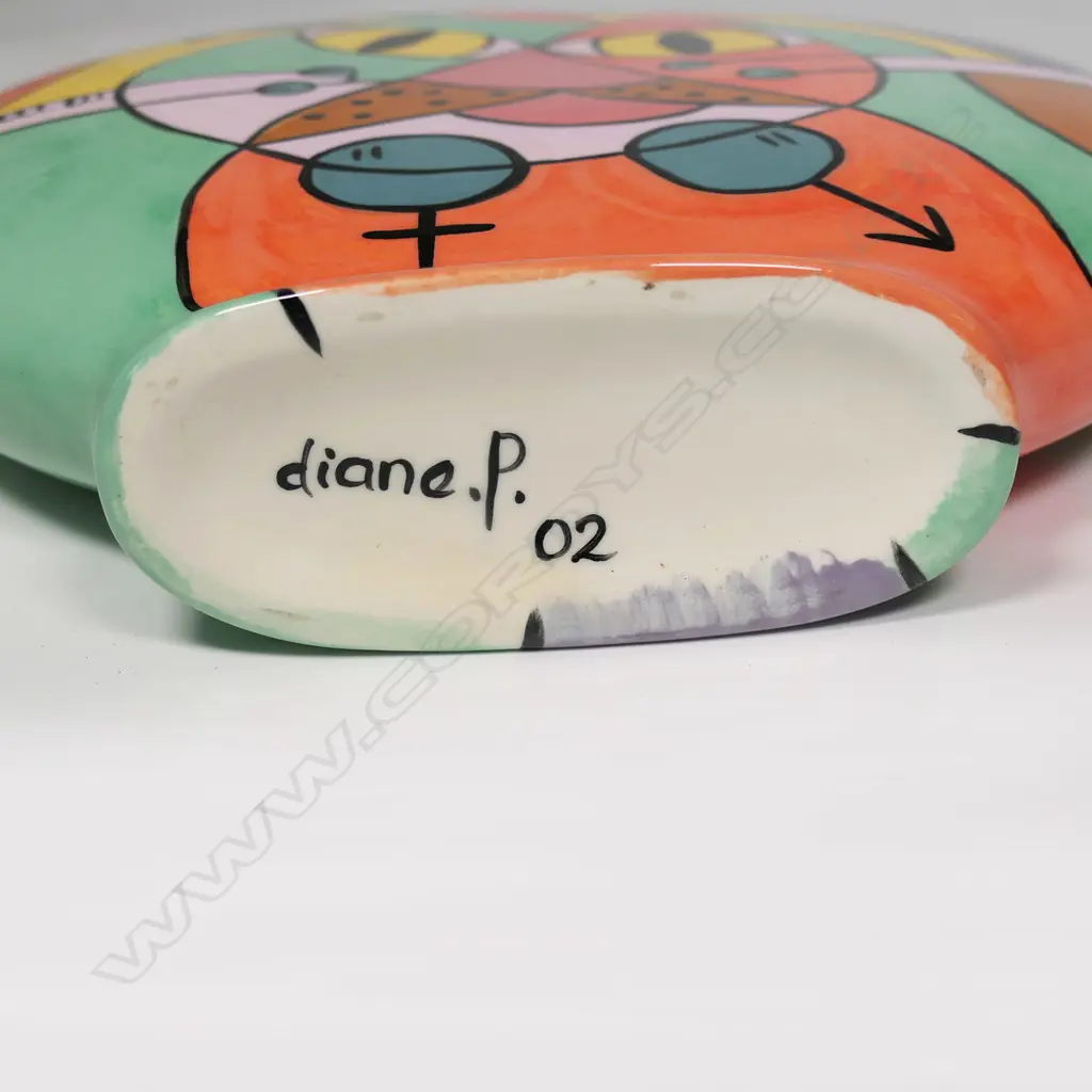 Diane Poor flat ovoid vase with colourful post modern designs, Image 1++
