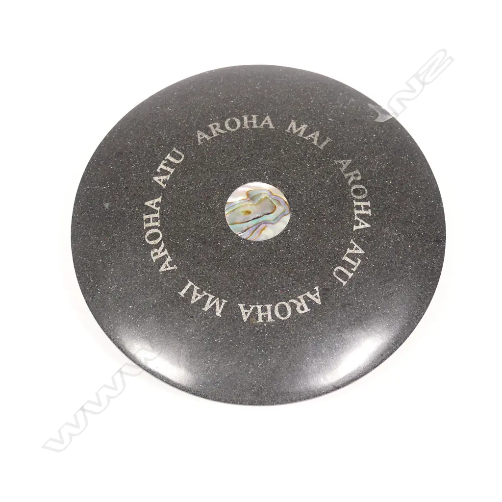 Ema Scott honed stone disc with paua inset, Image 1++