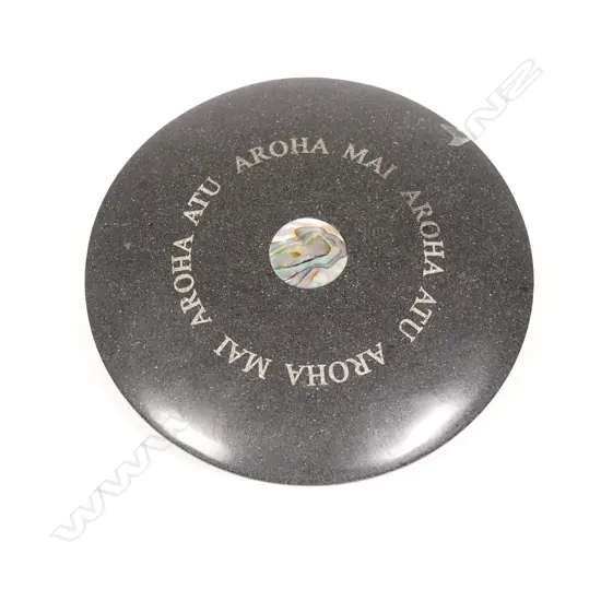 Ema Scott honed stone disc with paua inset,