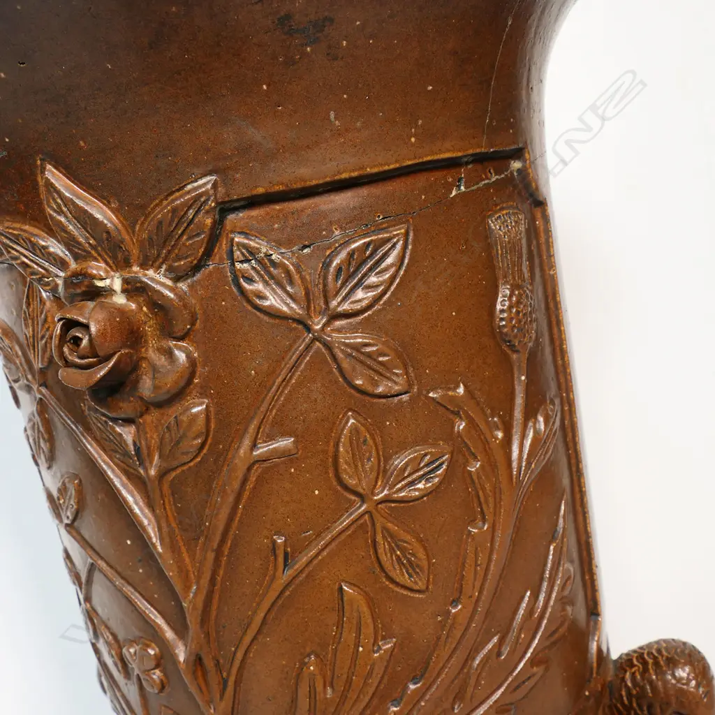 A late Victorian Arts & Crafts brown salt glazed umbrella or plant pot stand ; H.680mm. Image 1++