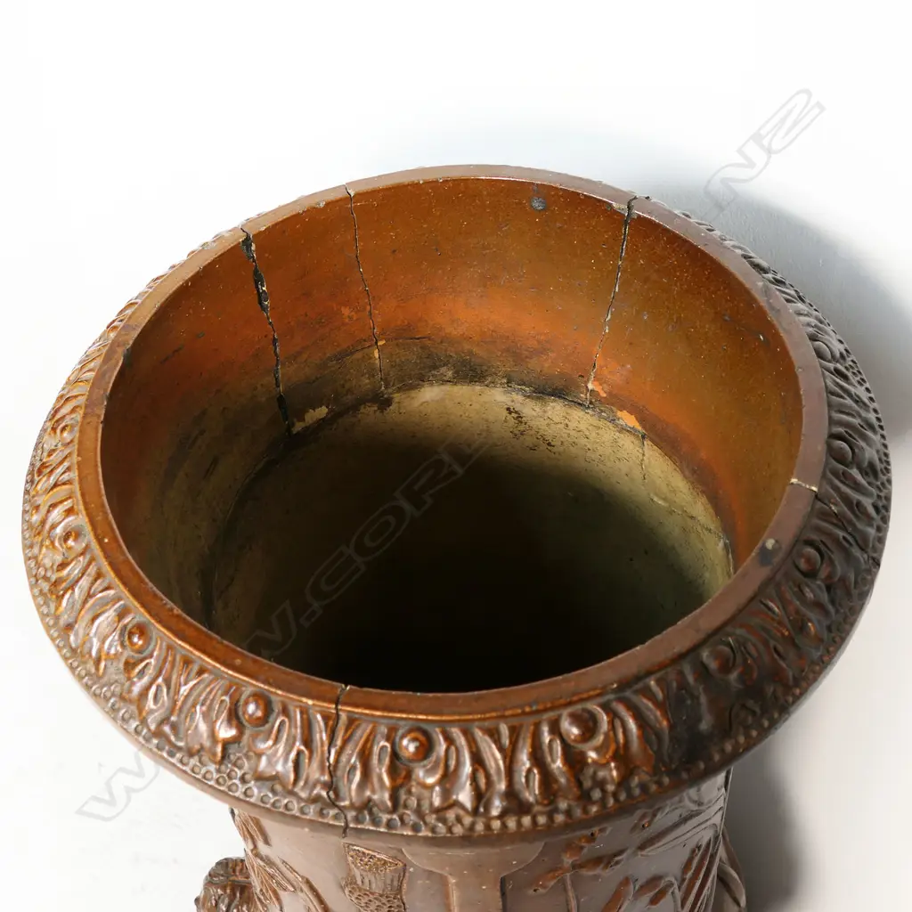 A late Victorian Arts & Crafts brown salt glazed umbrella or plant pot stand ; H.680mm. Image 1++