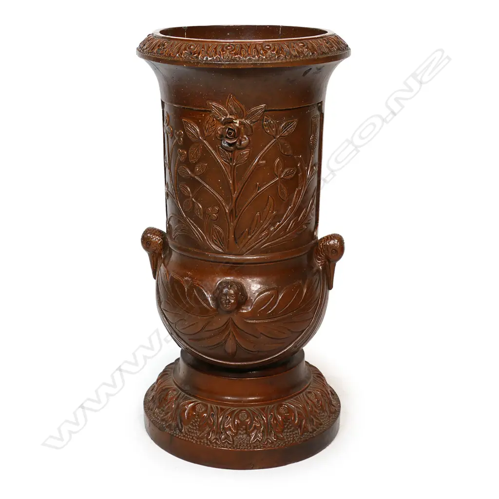 A late Victorian Arts & Crafts brown salt glazed umbrella or plant pot stand ; H.680mm. Image 1++