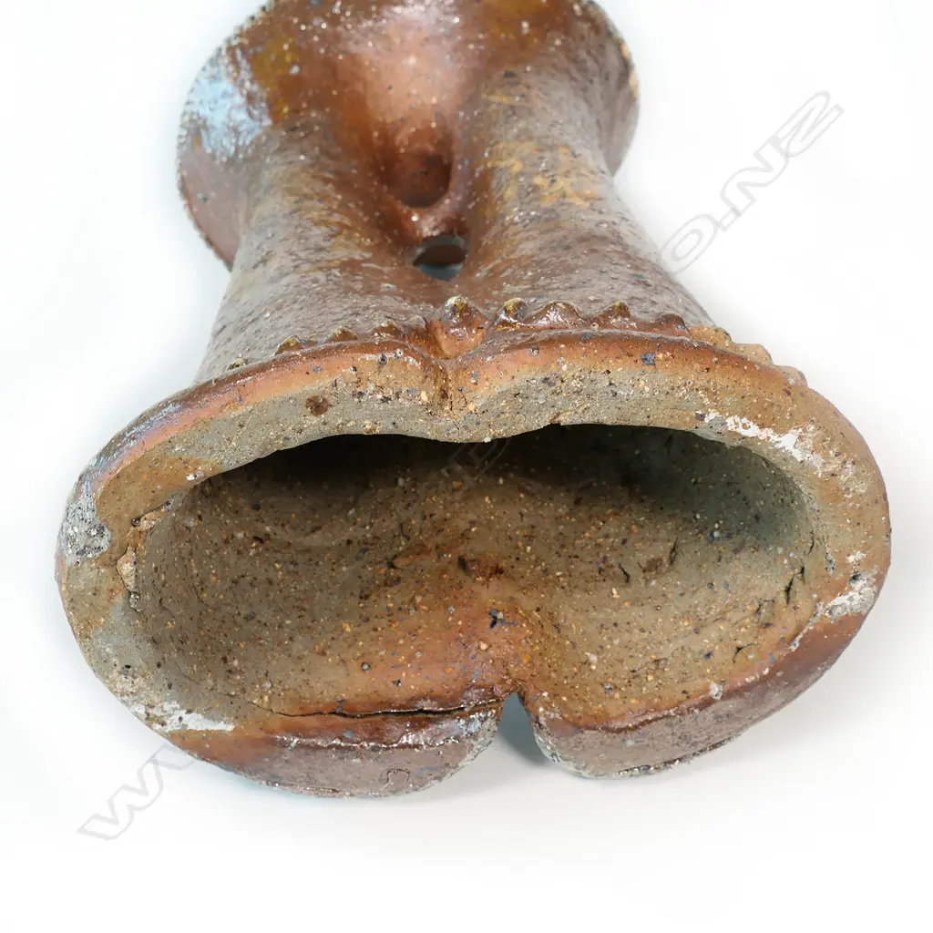 Barry Brickell (1935-2016) spiromorph sculpture. Hand sculptured with a heavily textured wood fired soda glaze, flared trumpet type top, above over lapping forms, supported on joined tapered flared columns. Ribbed banded detail. H.600mm Image 1++