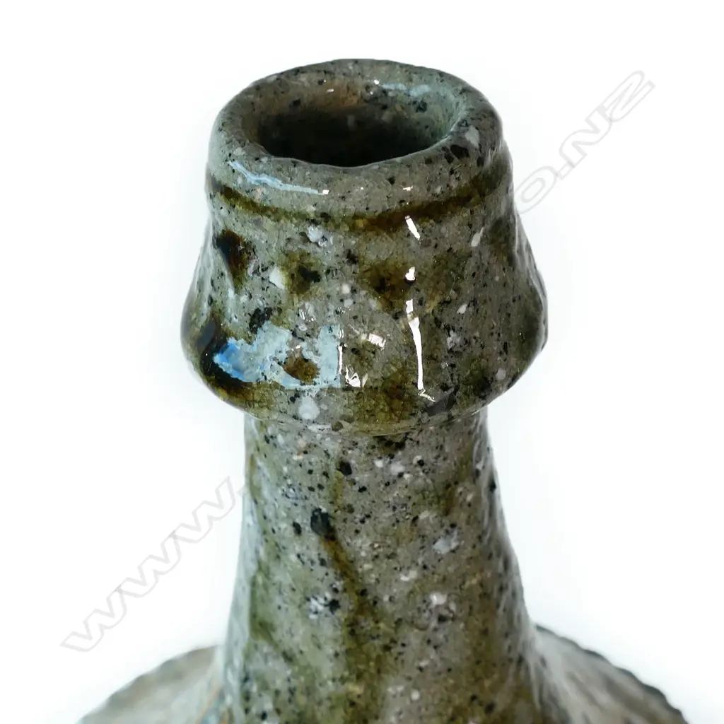 Barry Brickell (1935-2016) spiromorph sculpture. Hand sculptured with a heavily textured wood fired soda glaze, flared trumpet type top, above over lapping forms, supported on joined tapered flared columns. Ribbed banded detail. H.600mm Image 1++