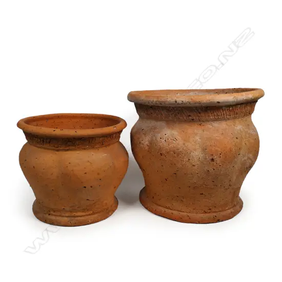 Barry Brickell (1935-2016) two unglazed terracotta planters with lobed and fluted walls. Potter's mark to foot. H.140 & 180mm.