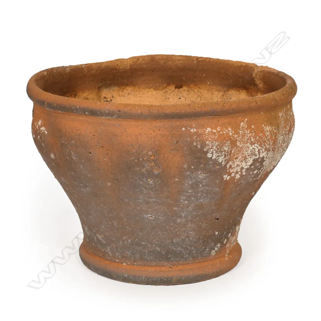 Barry Brickell (1935-2016) unglazed terracotta planter with flared body and lobed fluted walls. Impressed potter's mark to foot. Cracks to rim and aged surface. Dia.320mm. H.240mm Image 1++