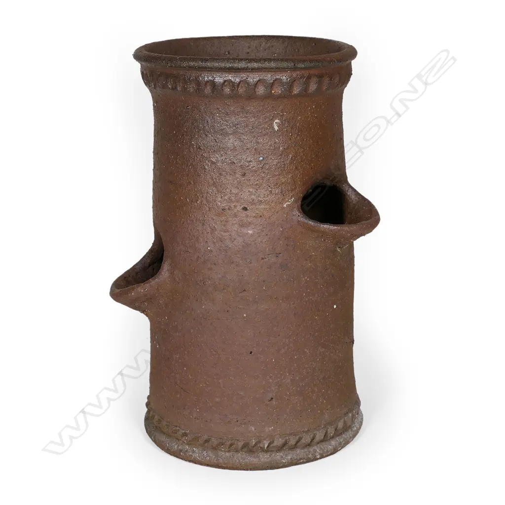 Barry Brickell (1935-2016) dark brown terracotta unglazed three-cup planter with band of tooled and thumb print relief. Drain hole in bottom. H.370mm. Image 1++