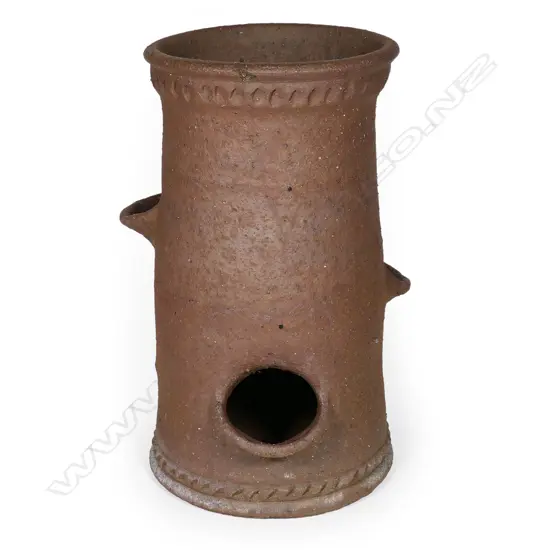 Barry Brickell (1935-2016) dark brown terracotta unglazed three-cup planter with band of tooled and thumb print relief. Drain hole in bottom. H.370mm.