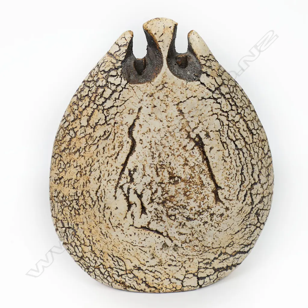 Len Castle (1924-2011) stoneware Sedge vase of flattened ovoid shape with double cut aperture and umber pigment wash. Impressed potter's mark. H.185mm. Image 1++