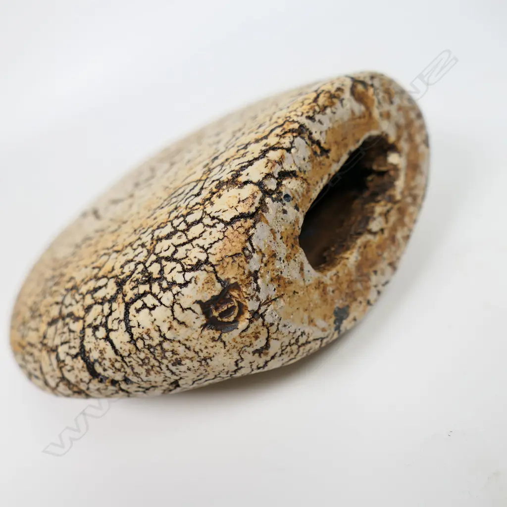 Len Castle (1924-2011) stoneware Sedge vase of flattened ovoid shape with double cut aperture and umber pigment wash. Impressed potter's mark. H.185mm. Image 1++