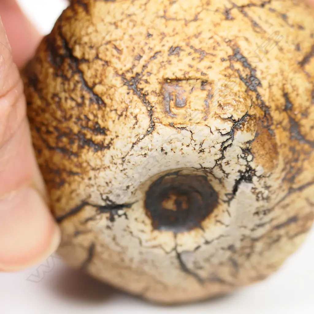 Len Castle small stoneware sedge grass holder with umber pigment wash and three apertures to the top. Impressed potter's mark to side. 50 x 60mm Image 1++