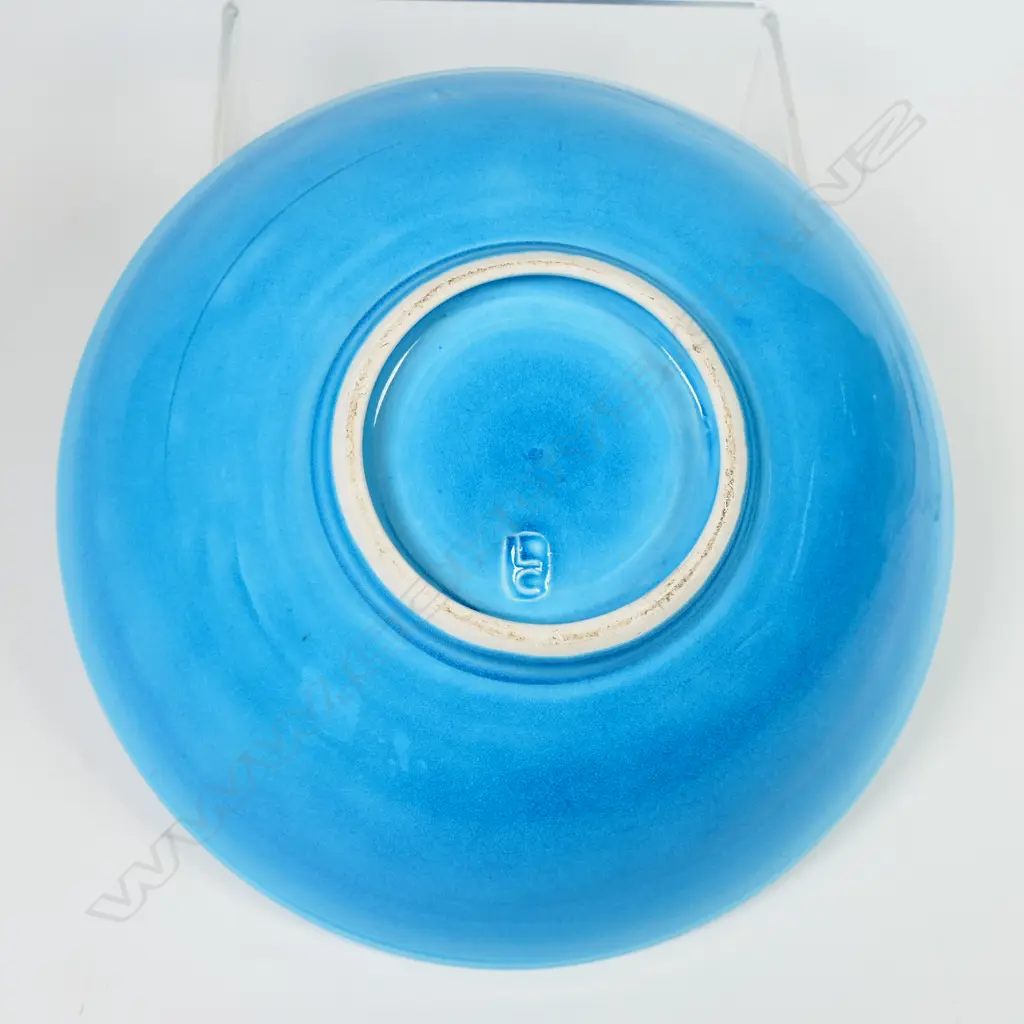 Len Castle alkaline blue bowl with incised floral scalloped design. Impressed potter's mark. Dia.208mm. Image 1++