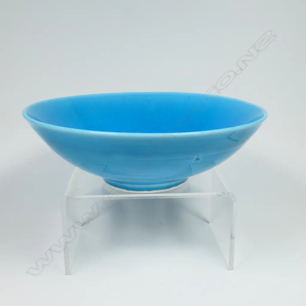 Len Castle alkaline blue bowl with incised floral scalloped design. Impressed potter's mark. Dia.208mm. Image 1++