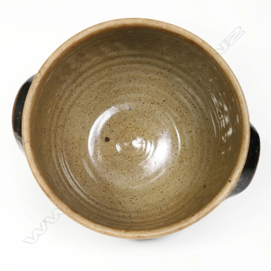 Mirek Smisek (1925-2013) lidded casserole dish. Tenmoko glaze with band of diamond trellis design to lid and sides. Potter's mark lower side. H.210mm Dia.230mm Image 1++