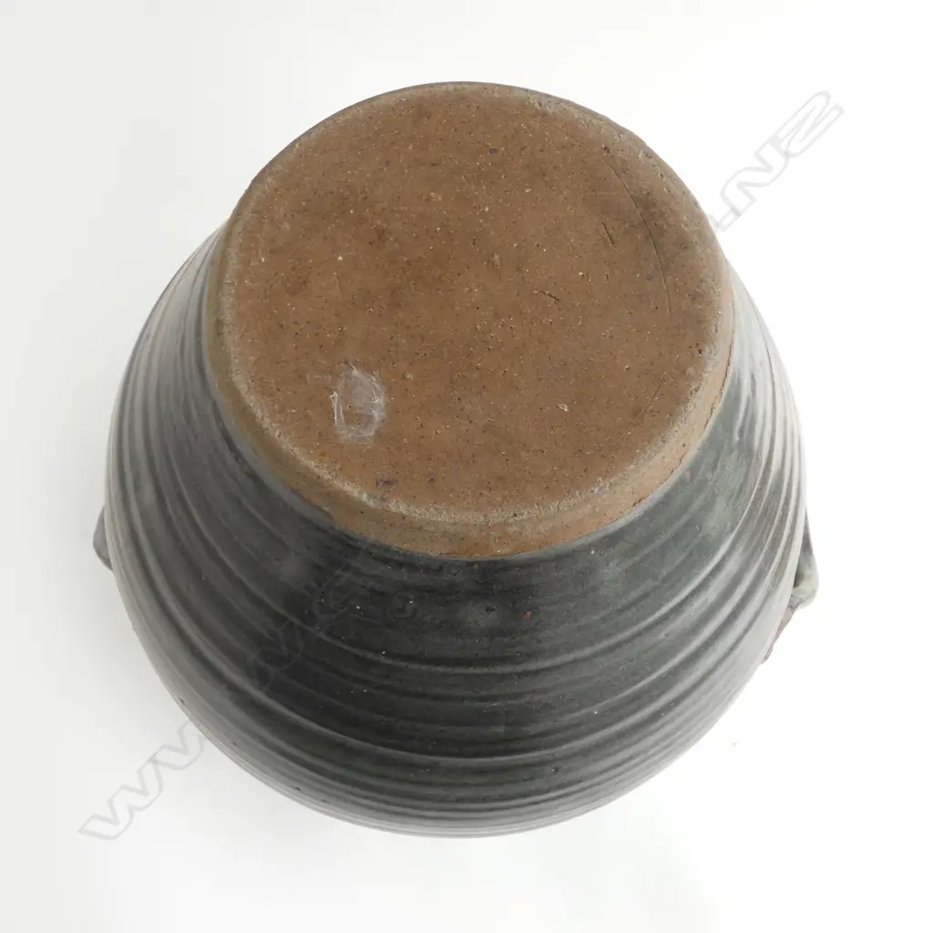 Mirek Smisek lidded floor pot with handles. Tenmoko and ash glazed body with a band of distinctive ribbing around upper body. H.400mm Image 1++
