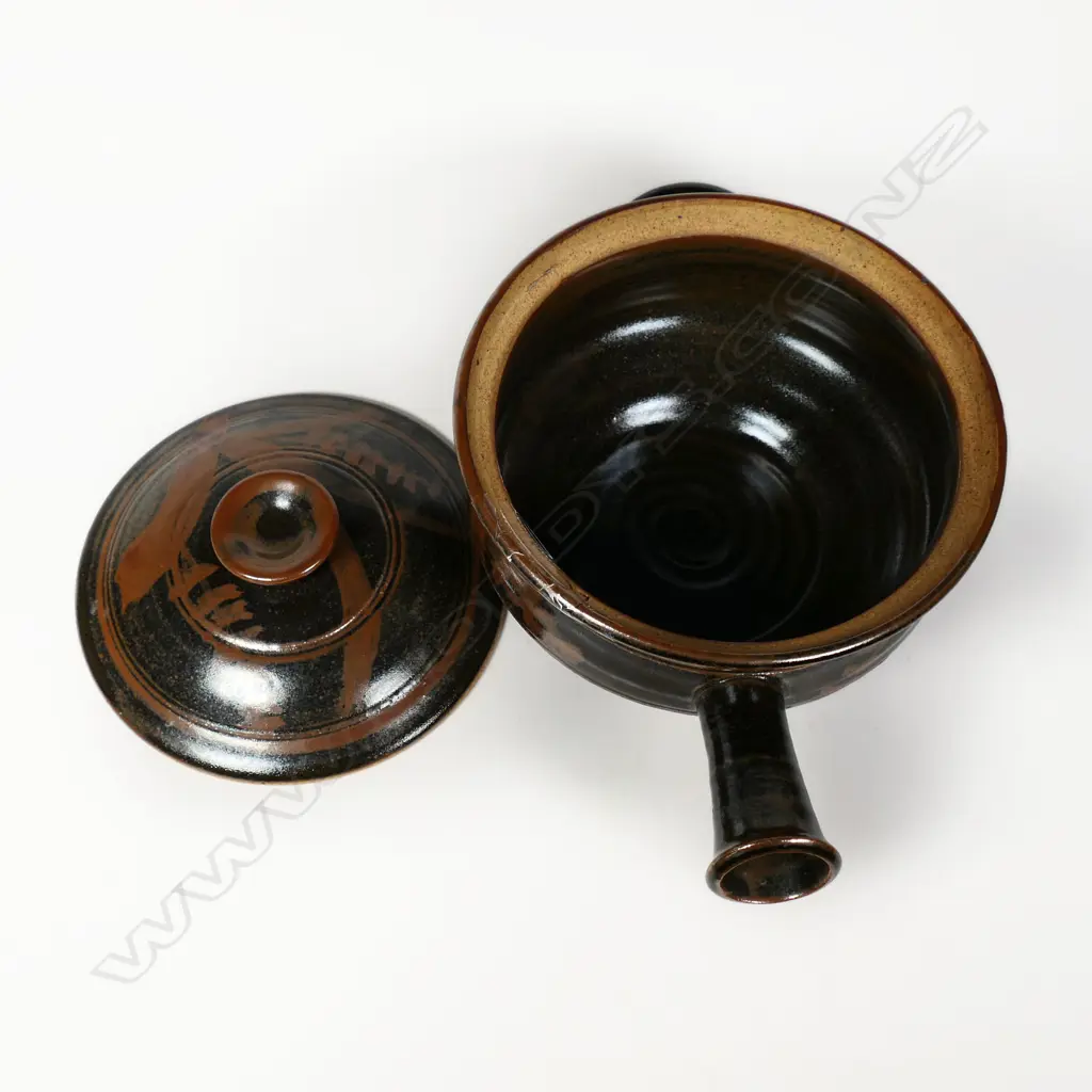 *RTV* Peter Stichbury Lidded Casserole. Tenmoko gaze. Potter's mark lower side. Dated 1971. H.150 DIA.200mm damaged rim Image 1++