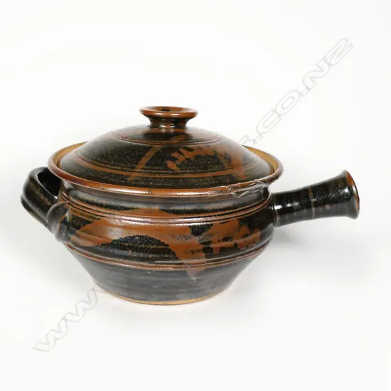 *RTV* Peter Stichbury Lidded Casserole. Tenmoko gaze. Potter's mark lower side. Dated 1971. H.150 DIA.200mm damaged rim